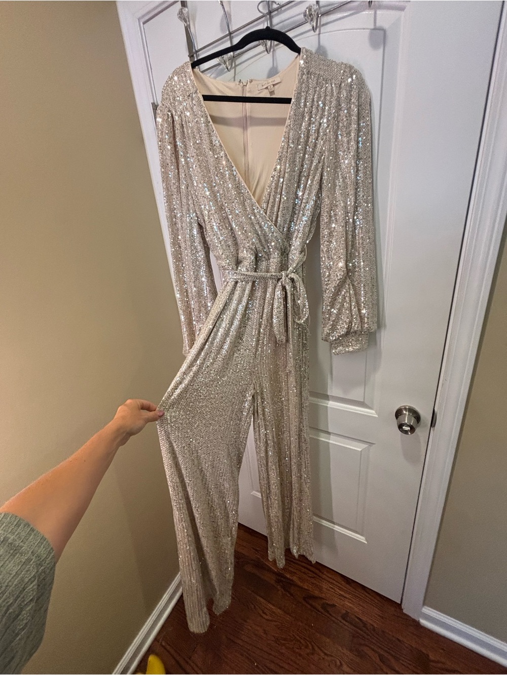 Skies Are Blue Champagne Sequin Wrap Jumpsuit with Belt
